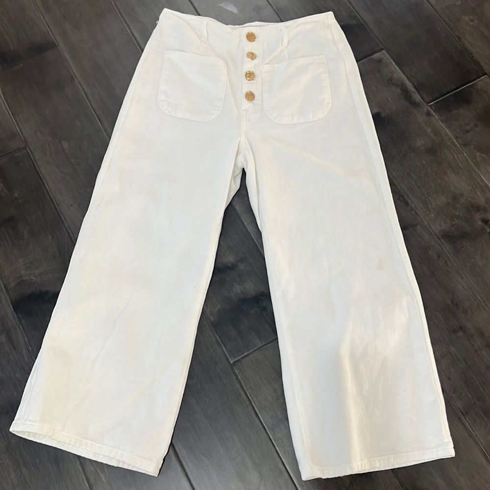 ZARA HIGH WAISTED CROPPED WIDE LEG WHITE JEANS SIZE 10